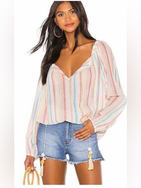 Mes Demoiselles Cream Multicolor Striped V-Neck Peasant Blouse